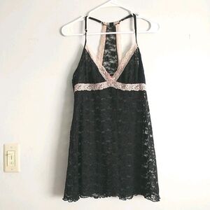 COSMOPOLITAN Top L/M*Black Pink Floral Lace Sheer Babydoll Racerback Feminine